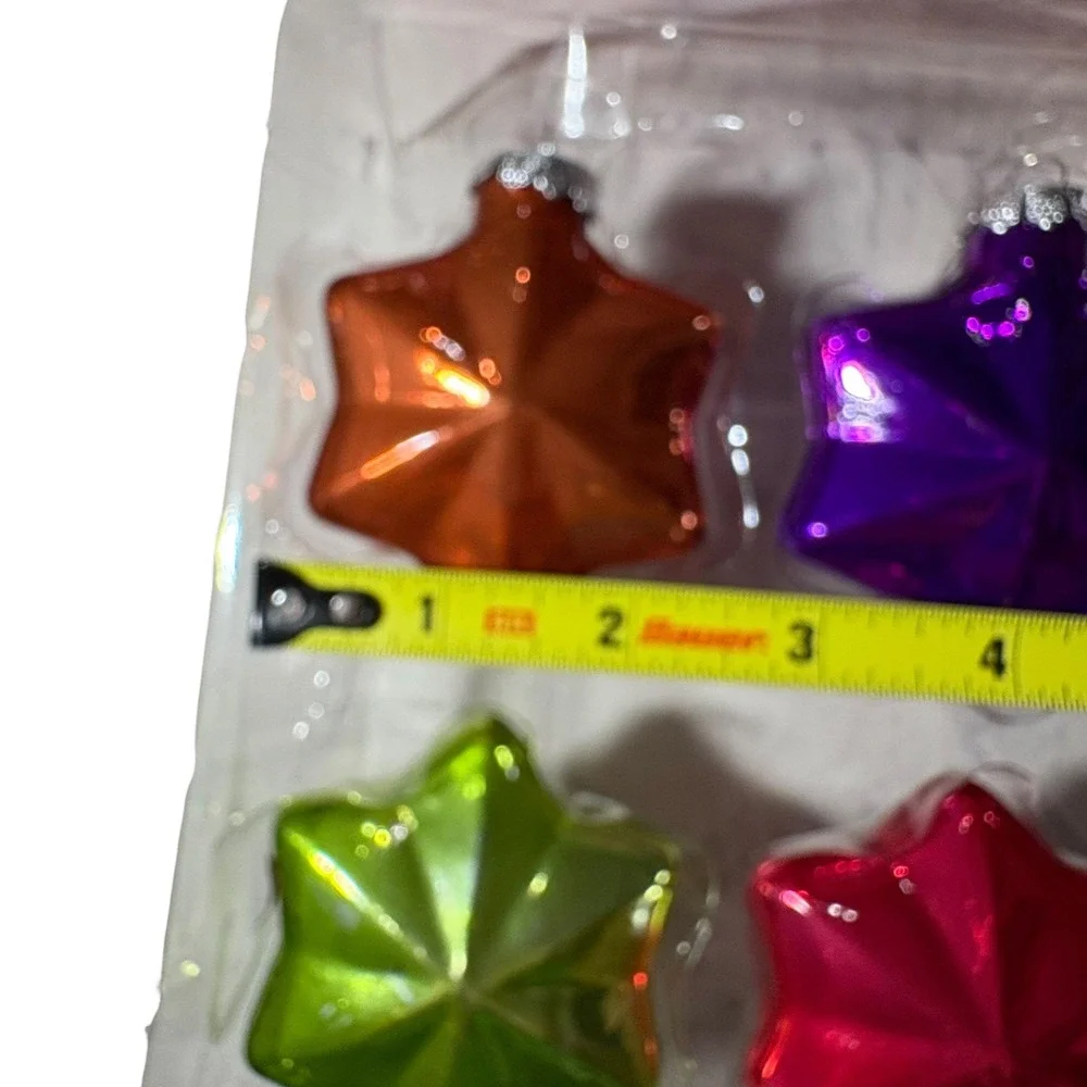 Set of 6 Multicolor Glass Star Christmas Ornaments Retro Jewel Tone Faceted 2.5